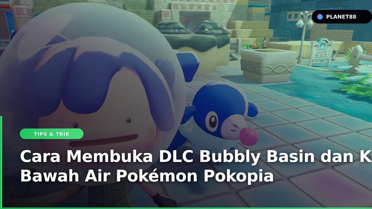 Pemandangan kota bawah air di DLC Bubbly Basin Pokémon Pokopia