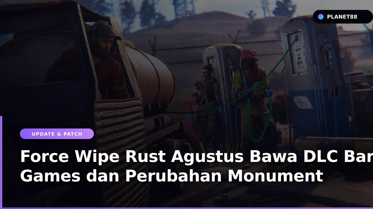 Karakter game Rust sedang menjelajahi area monument setelah update force wipe