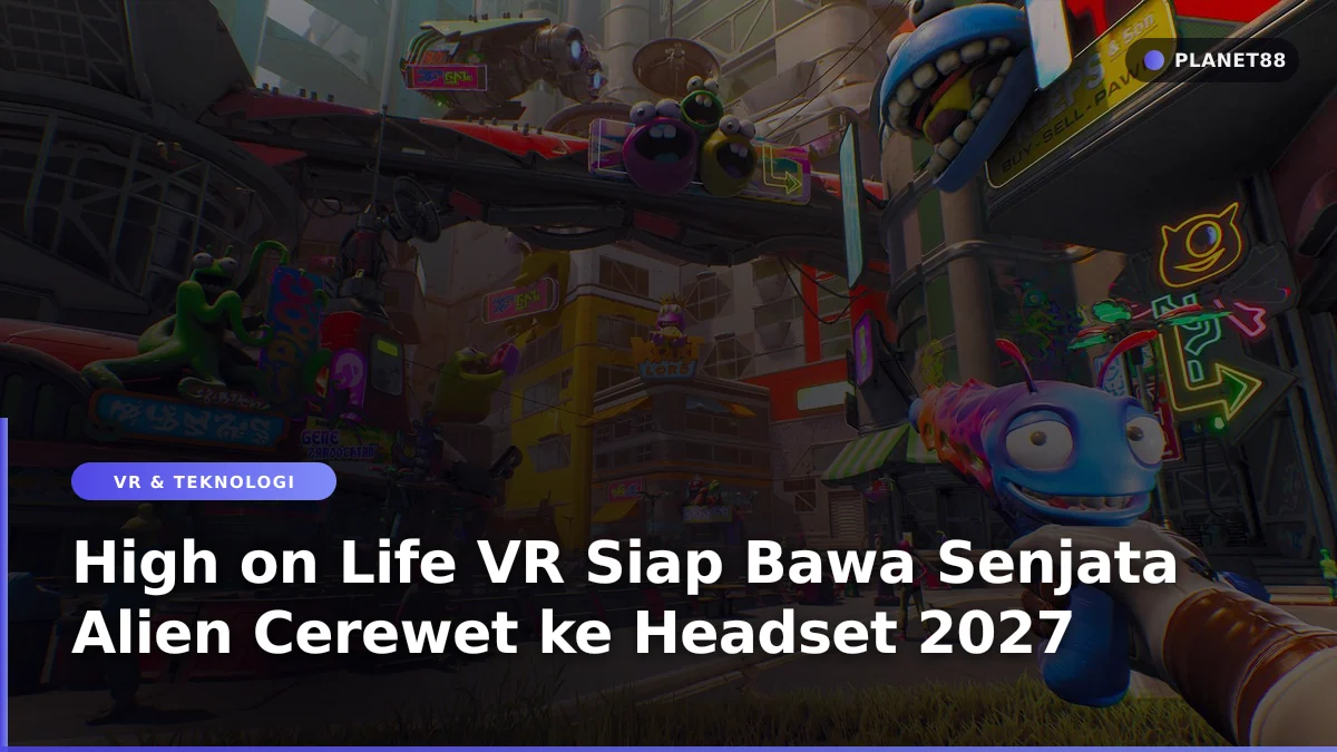 Konsep permainan High on Life VR dengan senjata alien dalam format virtual reality.