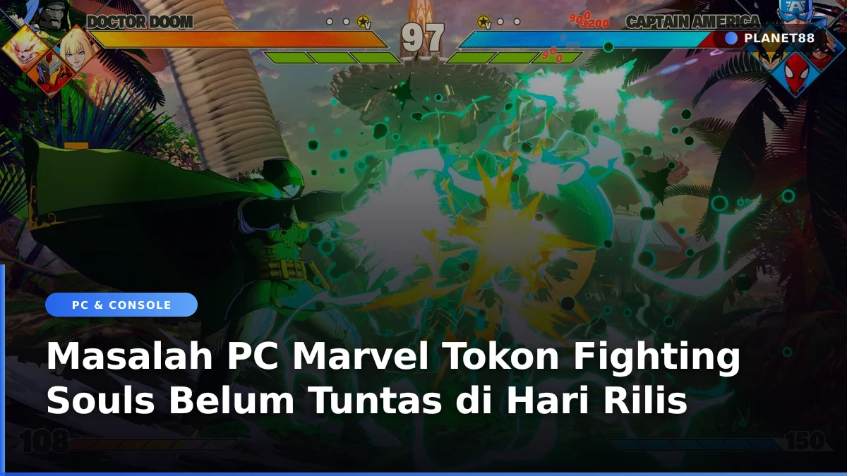 Pemain memegang pengontrol game bertarung di depan layar PC
