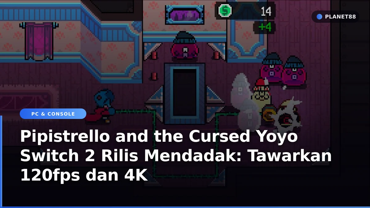 Tampilan konsol genggam yang menampilkan permainan platformer aksi