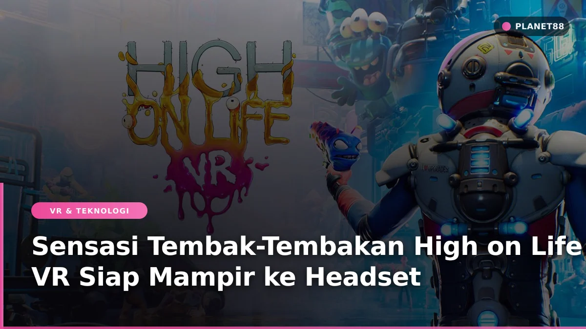 Pemain menggunakan headset VR memegang controller untuk memainkan game aksi FPS sci-fi